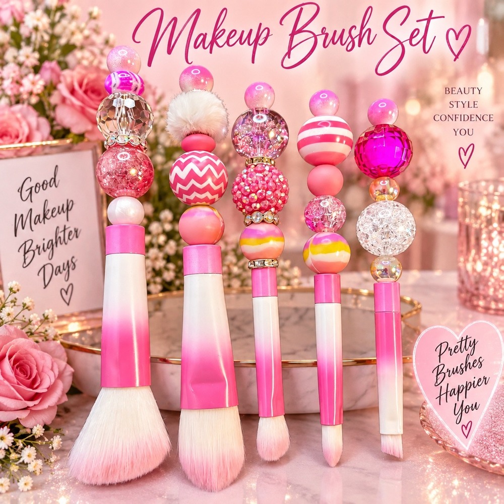 5pc Pink Ombre Bubble Bead Makeup Brush Set Boutique Decorative Handles